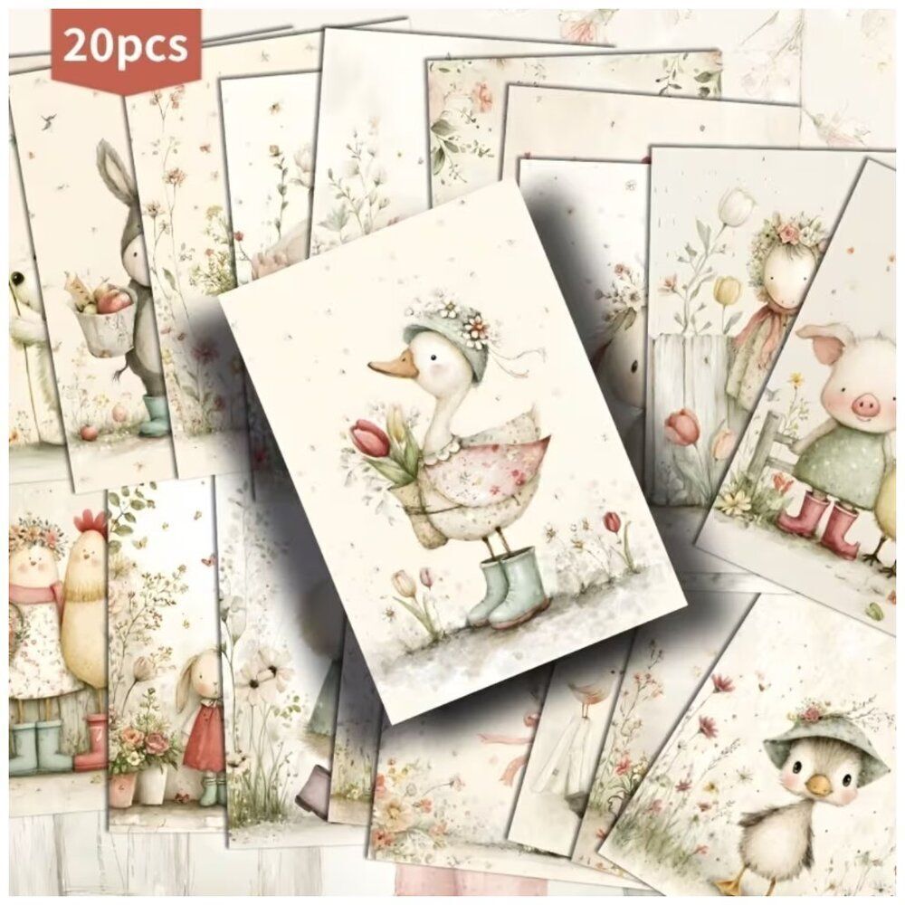 NWT 20pc Retro Cottage Animal Postcard Set Junk Journal Scrapbook Ephemera